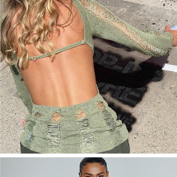 Delilah Green Shred Body Slimming Sexy Open Back Raw Knit Stretch Mini Dress - Picture 5 of 9